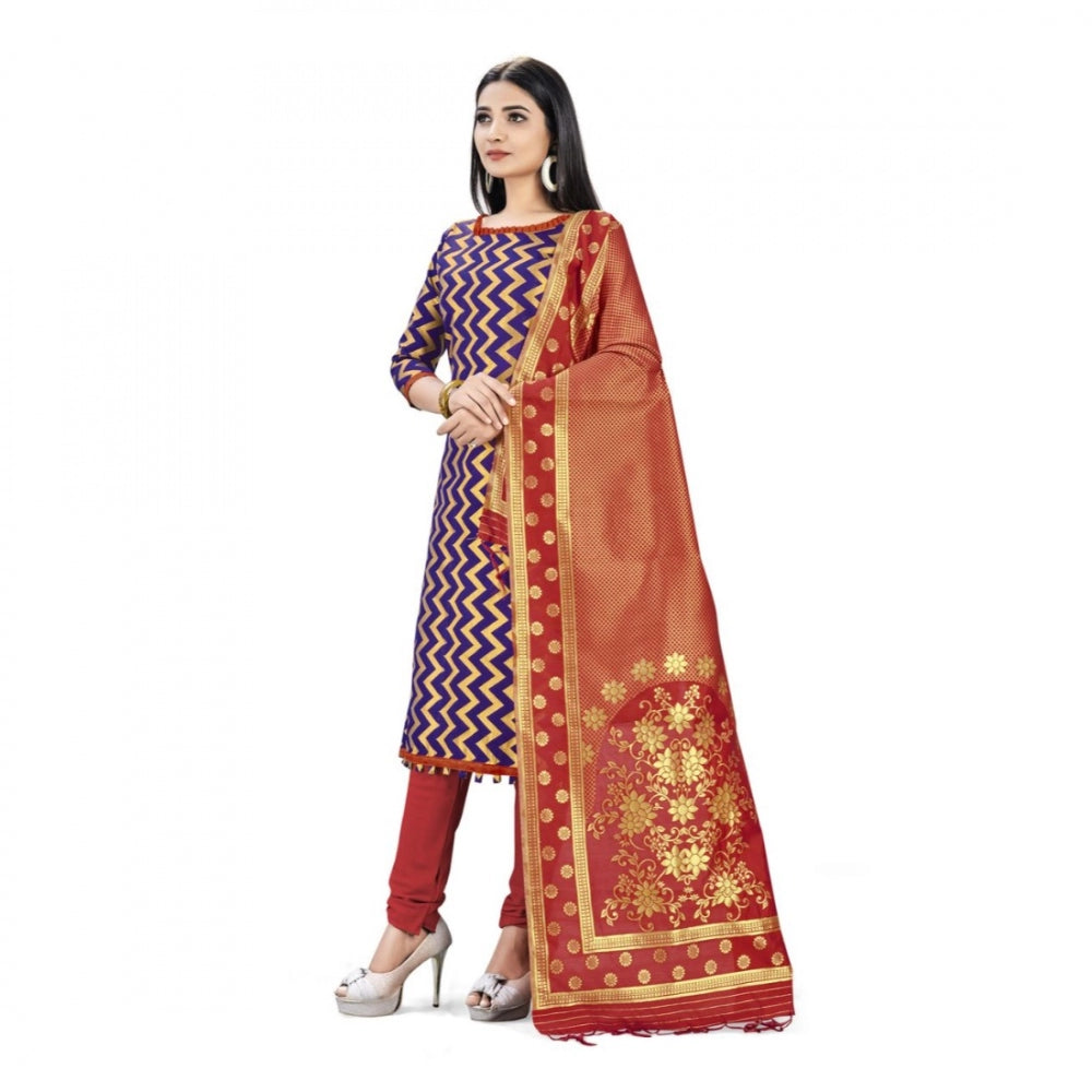 Amfyn Banarasi Silk Unstitched Salwar-Suit Material Premium Quality With Dupatta (Color: Navy Blue)