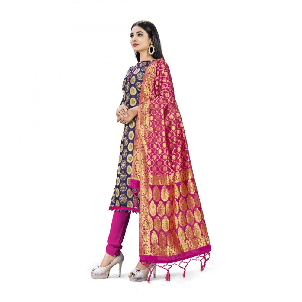 Amfyn Banarasi Silk Unstitched Salwar-Suit Material Premium Quality With Dupatta (Color: Navy Blue)