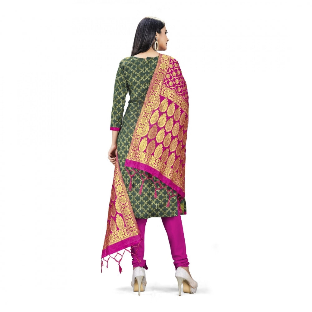 Amfyn Banarasi Silk Unstitched Salwar-Suit Material Premium Quality With Dupatta (Color: Mehendi Green)