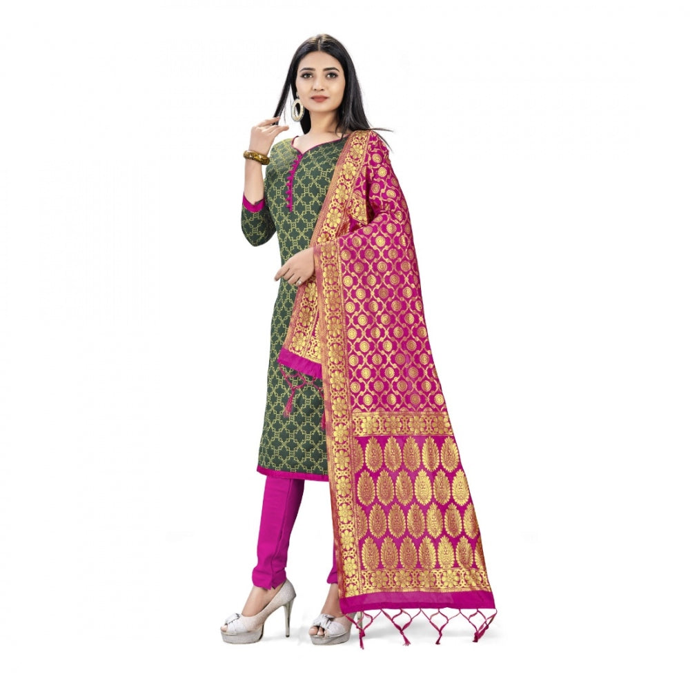 Amfyn Banarasi Silk Unstitched Salwar-Suit Material Premium Quality With Dupatta (Color: Mehendi Green)