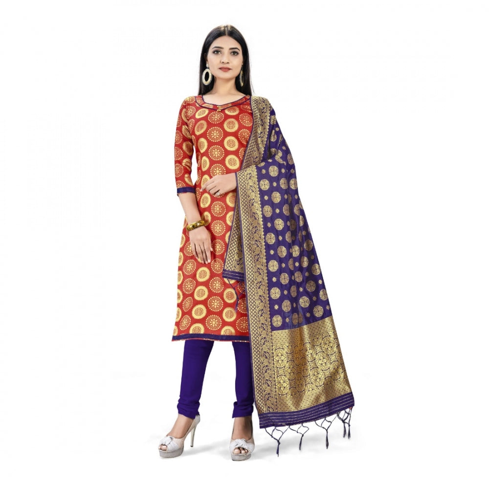 Amfyn Banarasi Silk Unstitched Salwar-Suit Material Premium Quality With Dupatta (Color: Red)