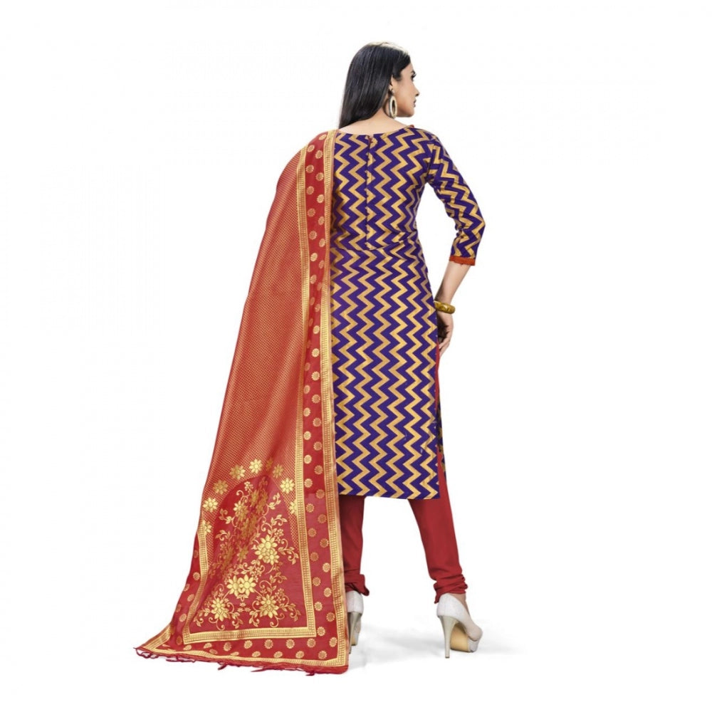 Amfyn Banarasi Silk Unstitched Salwar-Suit Material Premium Quality With Dupatta (Color: Navy Blue)