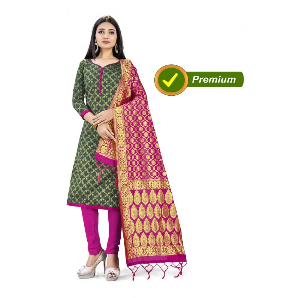 Amfyn Banarasi Silk Unstitched Salwar-Suit Material Premium Quality With Dupatta (Color: Mehendi Green)