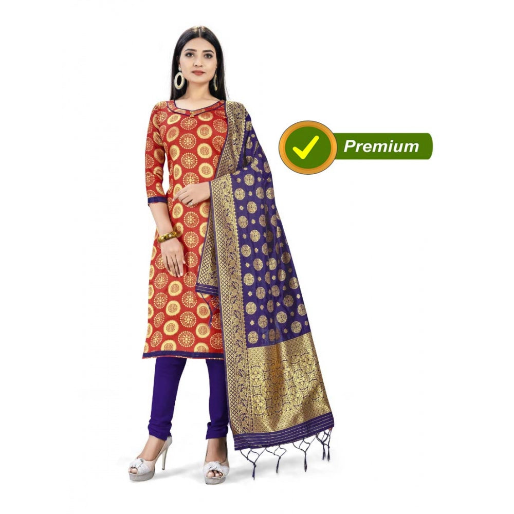 Amfyn Banarasi Silk Unstitched Salwar-Suit Material Premium Quality With Dupatta (Color: Red)