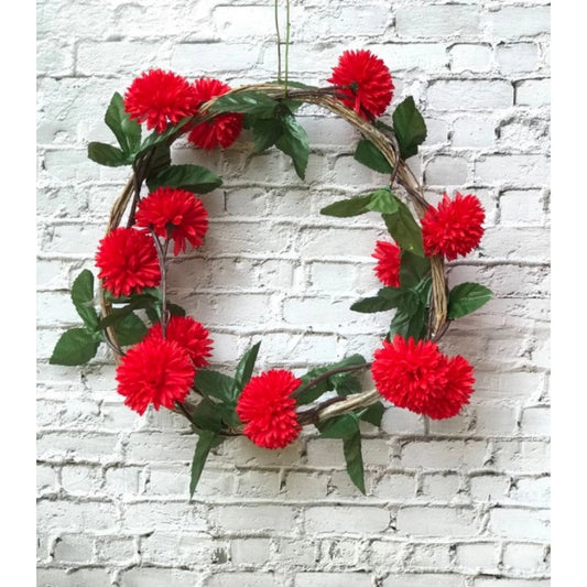 Amfyn Artificial Red Chrysanthemum Dahlia Flower Vine Creeper With Big Green Leaves For Home Decoraton (Color: Red, Material: Silk Polyester)