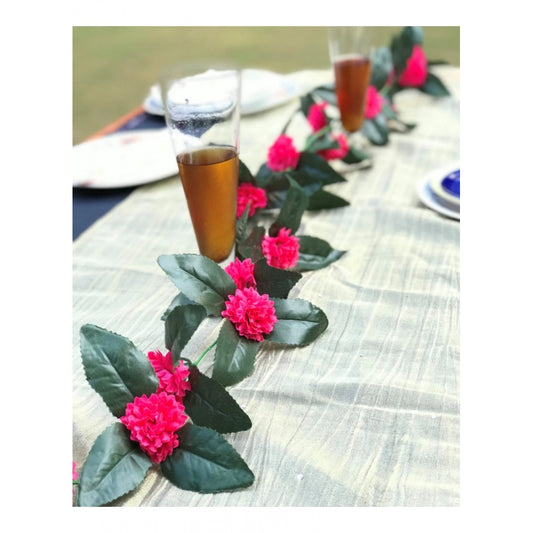 Fashion Artificial Dark Pink Marigold Genda Flower Vine Creeper With Big Green Leaves For Home Decoration (Color: DarkPink, Material: Silk Polyester)