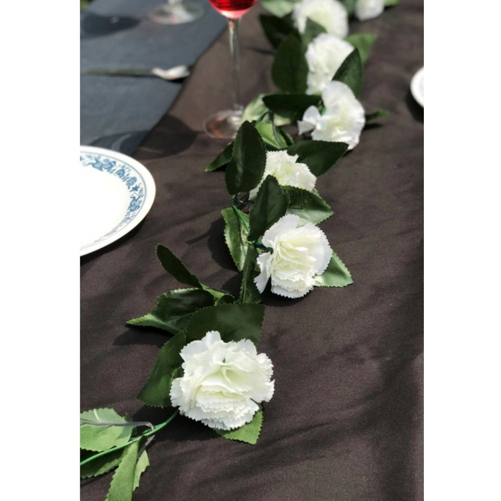 Amfyn Artificial White Carnation Flower Vine Creeper With Big Green Leaves (Color: White, Material: Silk Polyester)