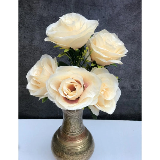 Amfyn Artificial Flowers Bunch Bouquet Of 5 Champagne Roses For Home Decoration (Color: Cream, Material: Silk Polyester)