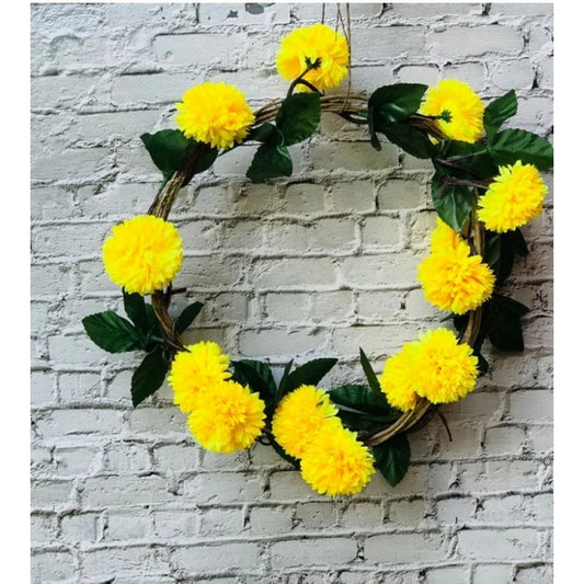 Fashion Artificial Yellow Chrysanthemum Dahlia Flower Vine Creeper With Big Green Leaves For Home Decoraton (Color: Yellow, Material: Silk Polyester)