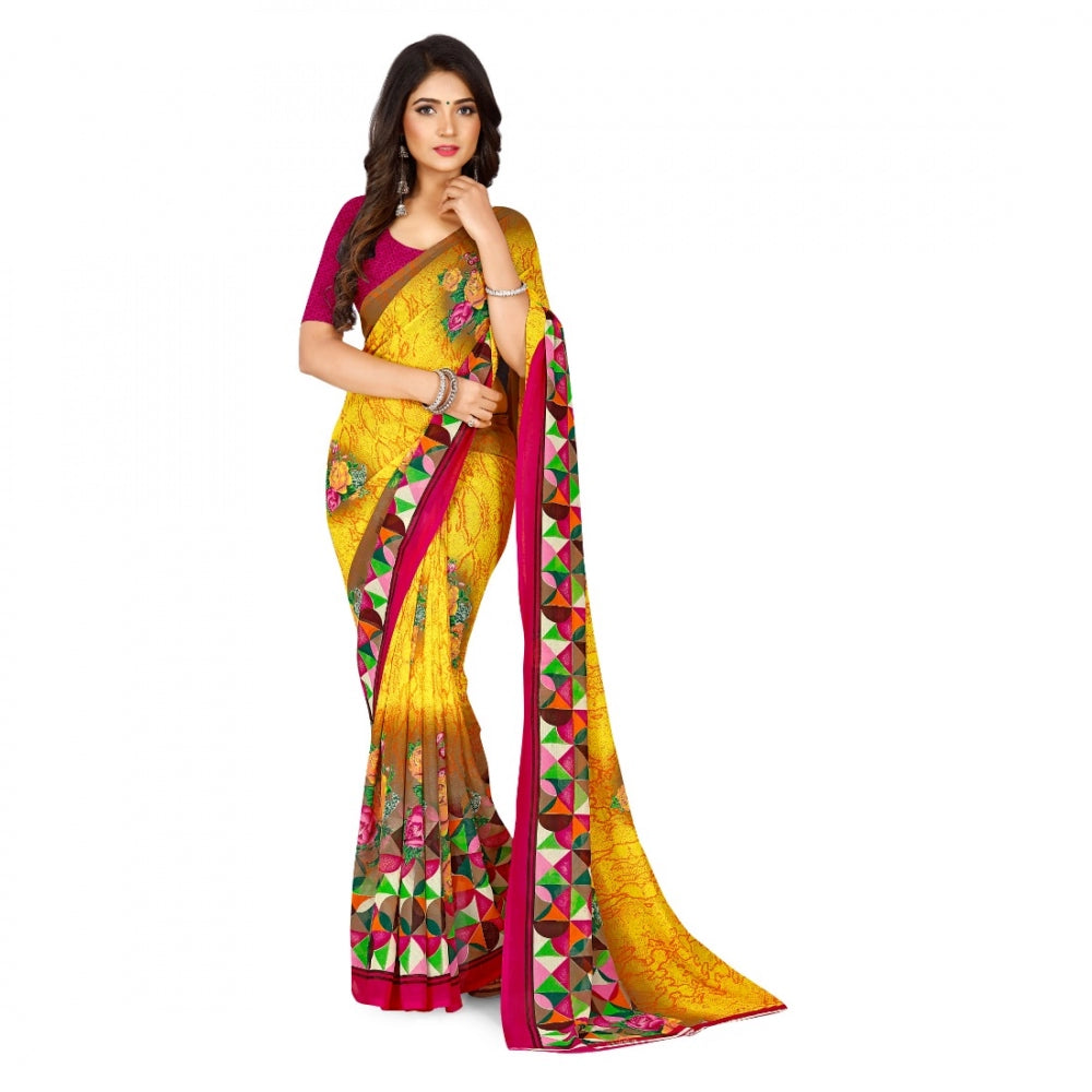 Amfyn Women's Faux Georgette Saree With Blouse (Yellow, 5-6Mtrs)