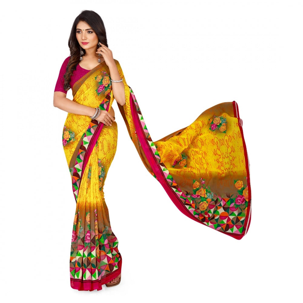 Amfyn Women's Faux Georgette Saree With Blouse (Yellow, 5-6Mtrs)