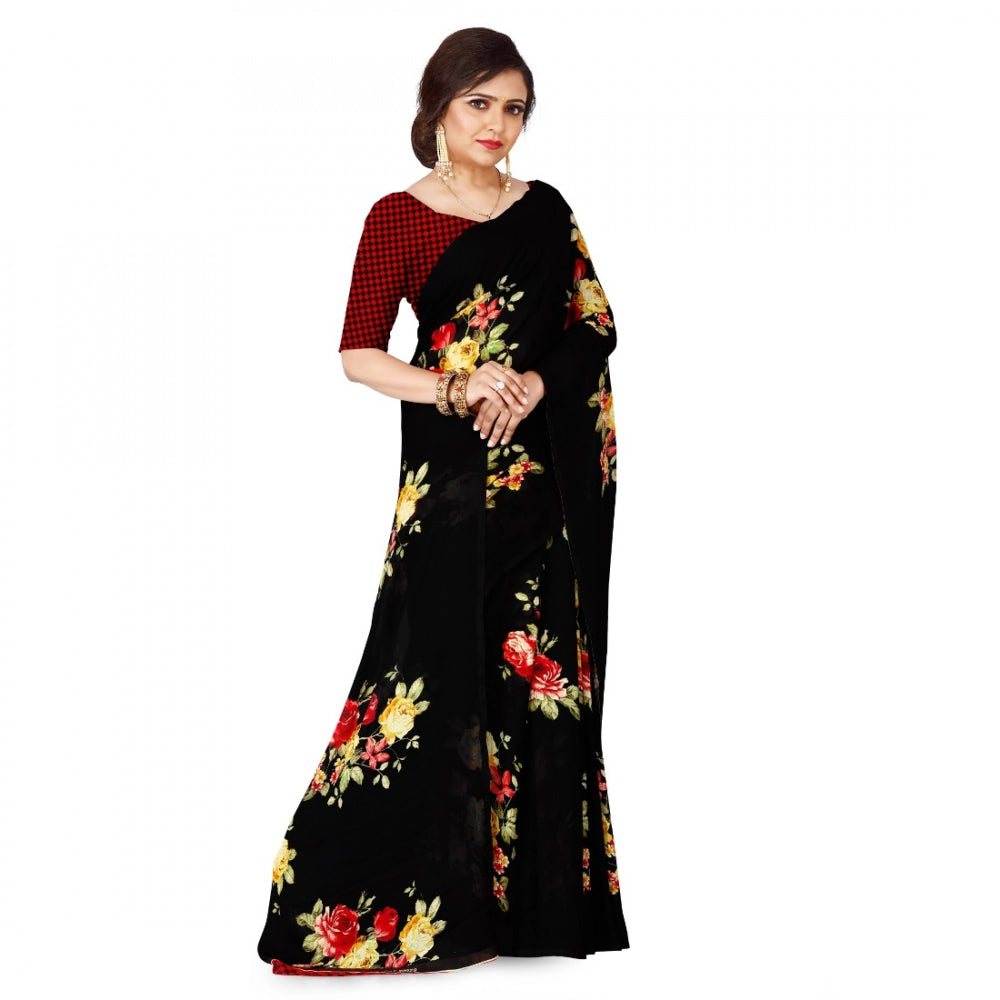 Amfyn Women's Faux Georgette Saree With Blouse (Black, 5-6Mtrs)