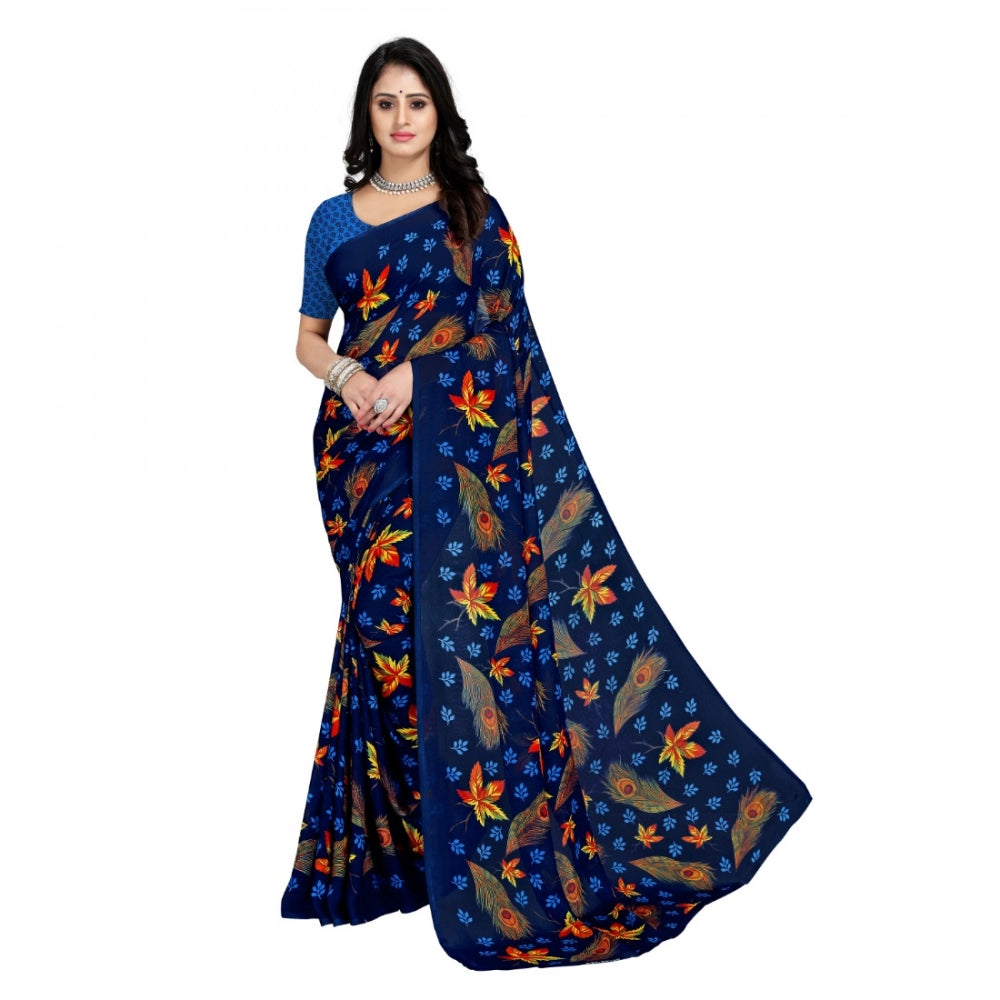 Amfyn Women's Faux Georgette Saree With Blouse (Blue, 5-6Mtrs)