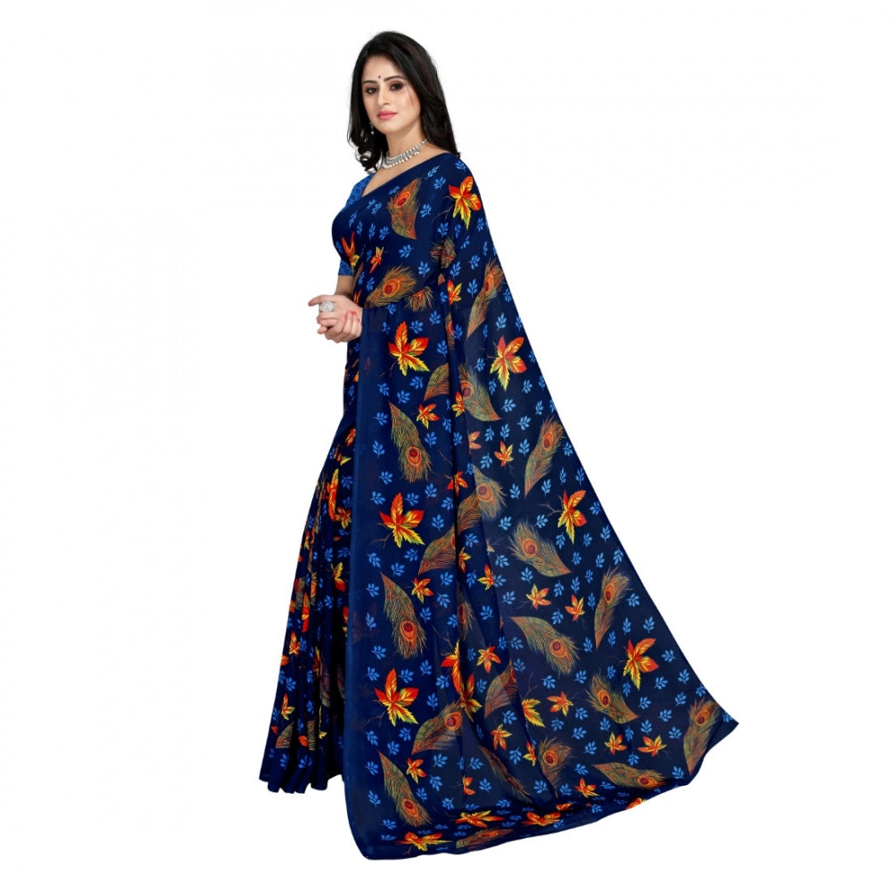 Amfyn Women's Faux Georgette Saree With Blouse (Blue, 5-6Mtrs)