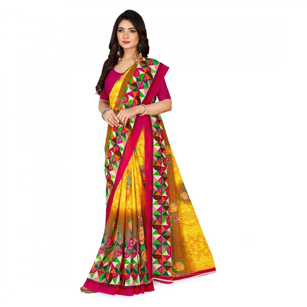 Amfyn Women's Faux Georgette Saree With Blouse (Yellow, 5-6Mtrs)