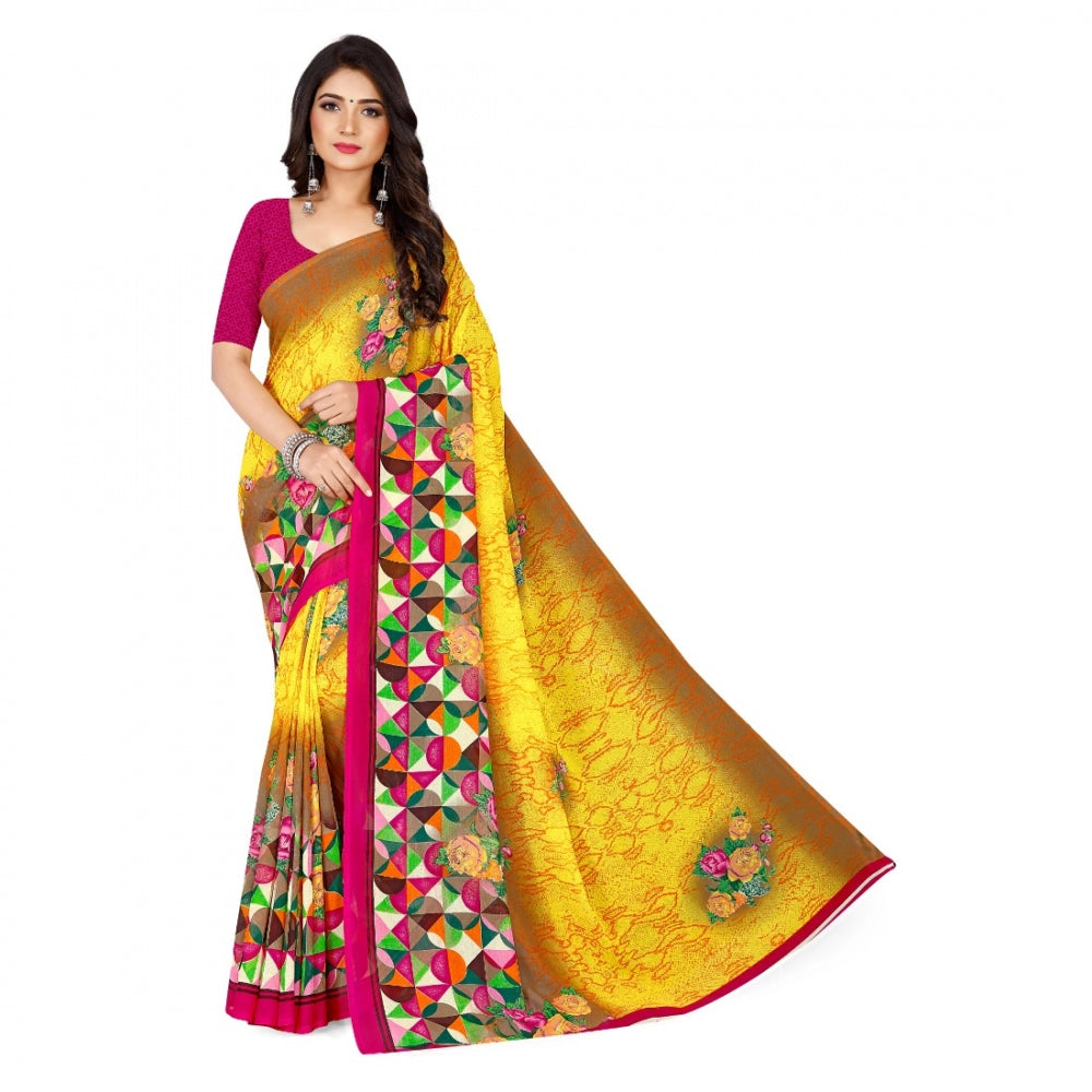 Amfyn Women's Faux Georgette Saree With Blouse (Yellow, 5-6Mtrs)