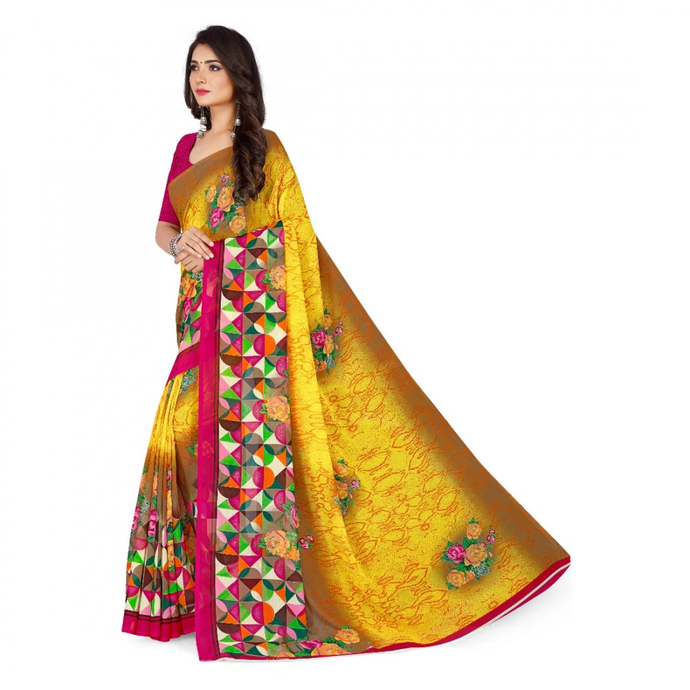 Amfyn Women's Faux Georgette Saree With Blouse (Yellow, 5-6Mtrs)