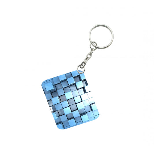 Amfyn Pack Of 3_ Blue Cubes One Side Printed Rectangle Designer Keychain (Blue)