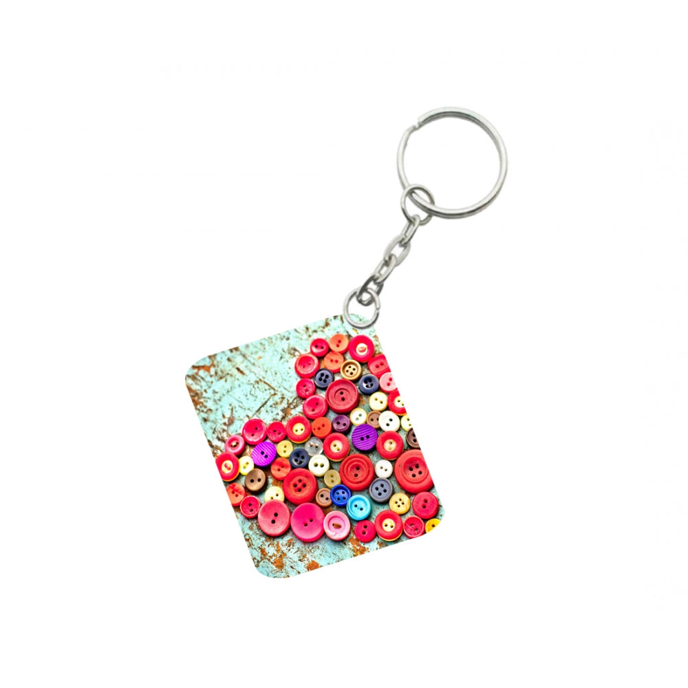 Amfyn Pack Of 3_ Heart Shape Decorated With Buttons One Side Printed Rectangle Designer Keychain (Multi Color)