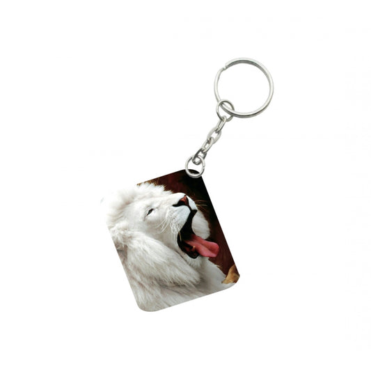 Amfyn Pack Of 3_ White Lion One Side Printed Rectangle Designer Keychain (White)