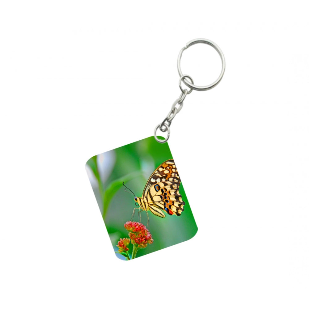 Amfyn Pack Of 3_ Red Flower With Butterfly One Side Printed Rectangle Designer Keychain (Red)