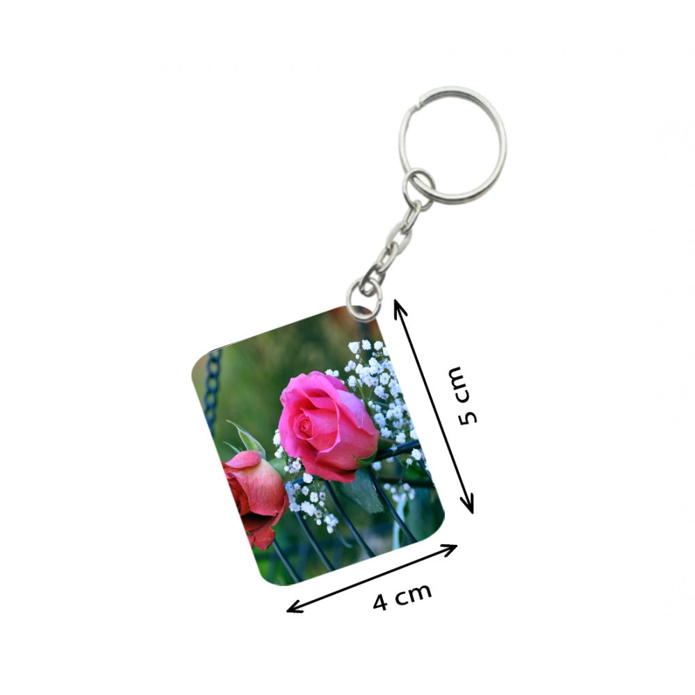 Amfyn Pack Of 3_ Pink Rose One Side Printed Rectangle Designer Keychain (Pink)