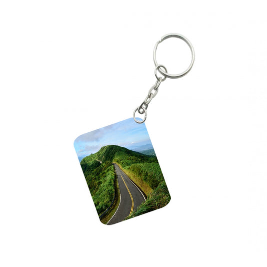 Amfyn Pack Of 3_ Landscape Mountains Road Green One Side Printed Rectangle Designer Keychain (Green)