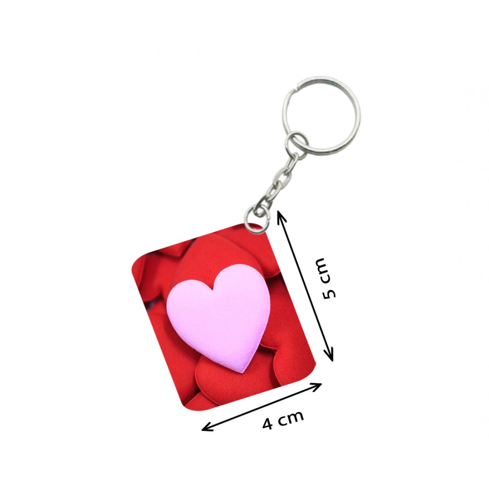 Amfyn Pack Of 3_ Pink Heart One Side Printed Rectangle Designer Keychain (Pink)