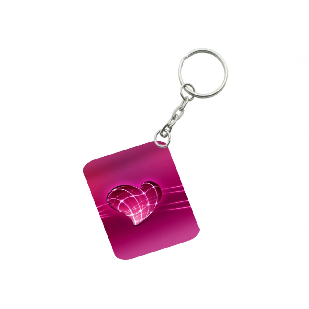 Amfyn Pack Of 3_ Pink Heart One Side Printed Rectangle Designer Keychain (Pink)