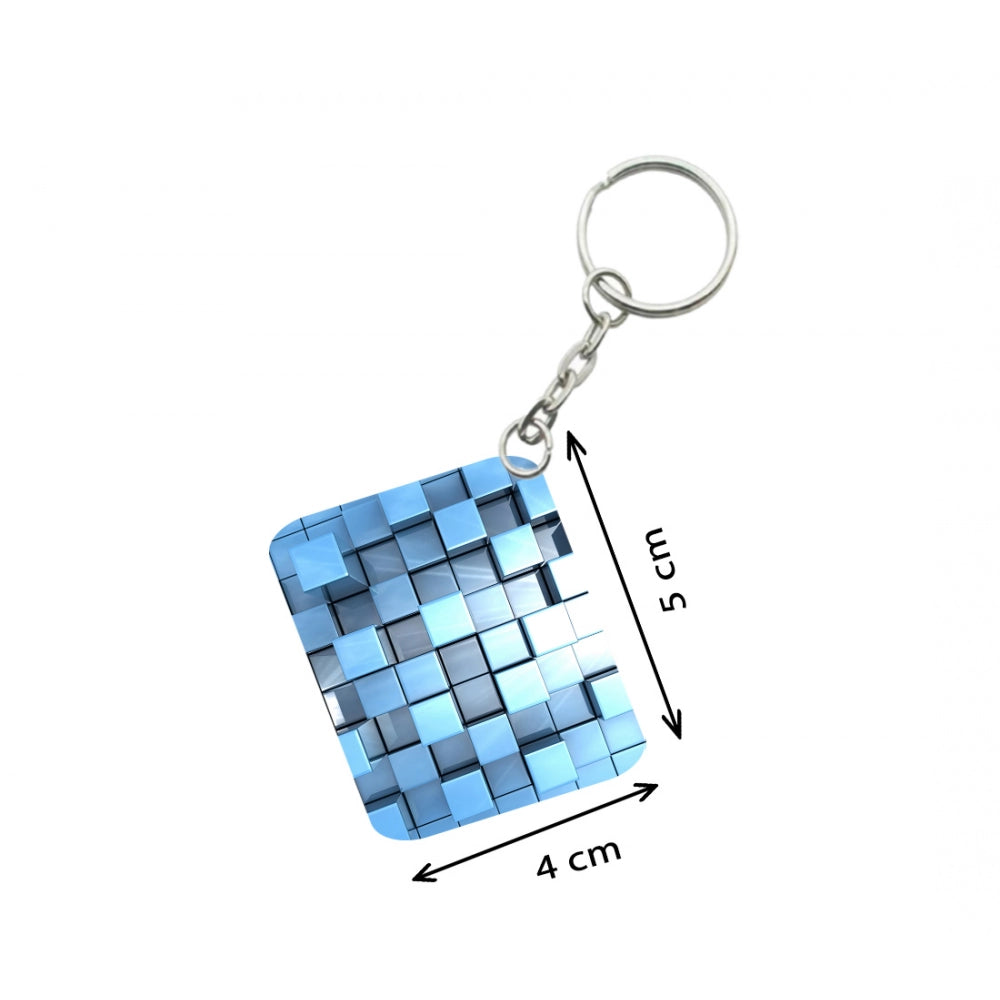 Amfyn Pack Of 3_ Blue Cubes One Side Printed Rectangle Designer Keychain (Blue)