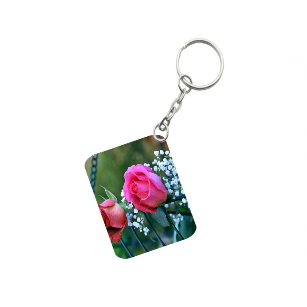 Amfyn Pack Of 3_ Pink Rose One Side Printed Rectangle Designer Keychain (Pink)