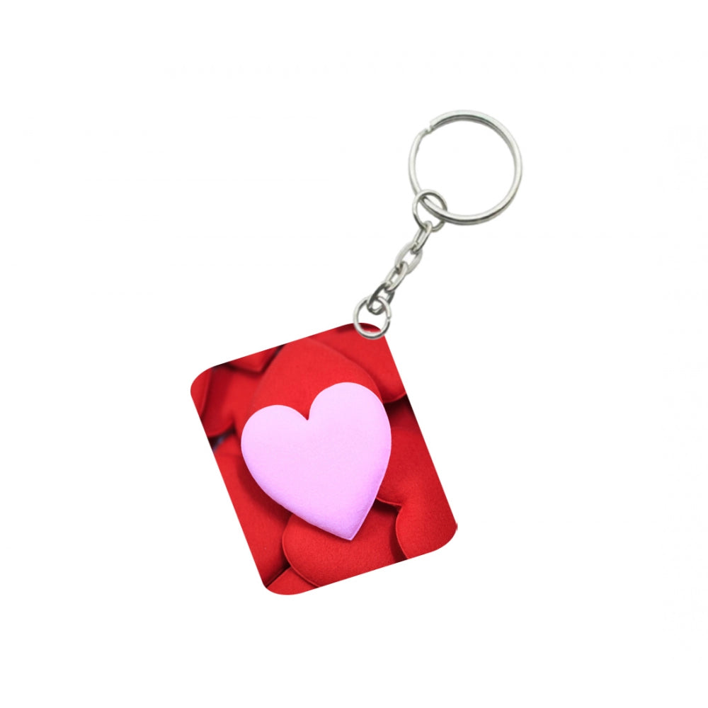 Amfyn Pack Of 3_ Pink Heart One Side Printed Rectangle Designer Keychain (Pink)