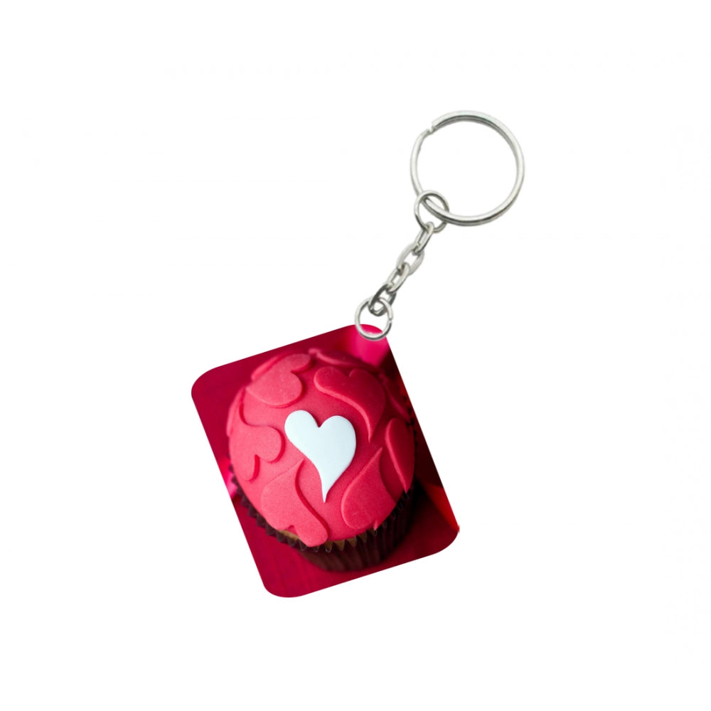 Amfyn Pack Of 3_ Cake Shape Pink Heart One Side Printed Rectangle Designer Keychain (Red)