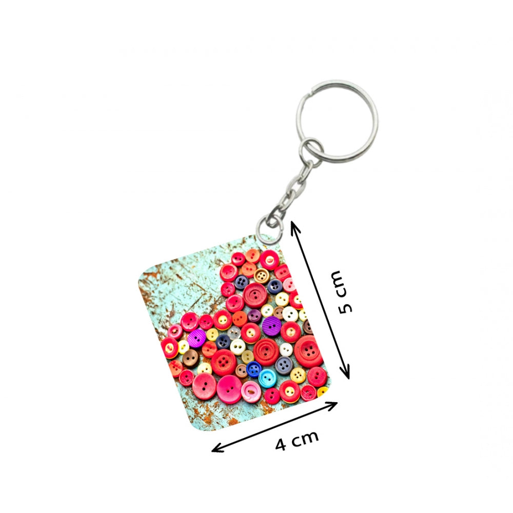 Amfyn Pack Of 3_ Heart Shape Decorated With Buttons One Side Printed Rectangle Designer Keychain (Multi Color)