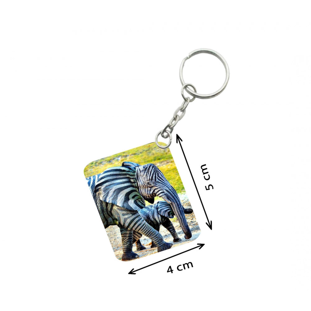 Amfyn Pack Of 3_ Zebra Elephant One Side Printed Rectangle Designer Keychain (Black and White)