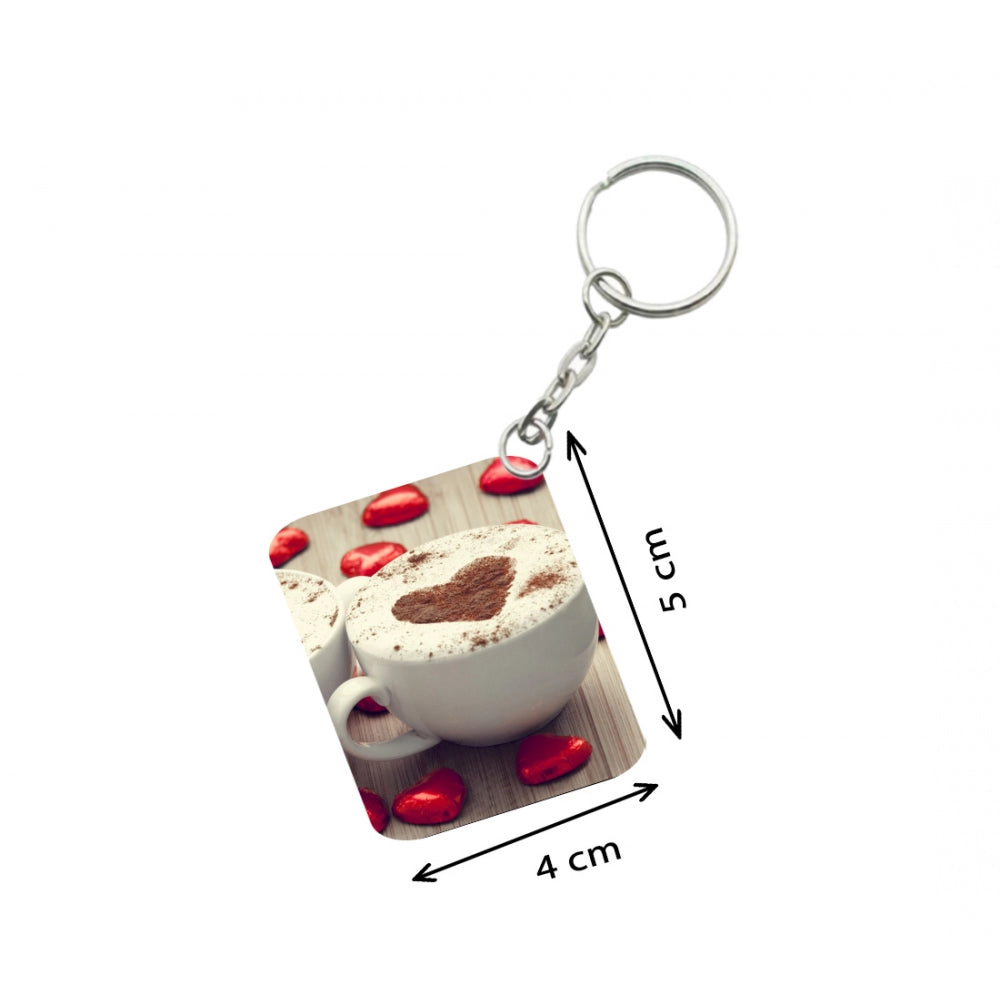 Amfyn Pack Of 3_ Cup Of Coffee With Heart-Shaped Froth One Side Printed Rectangle Designer Keychain (White)