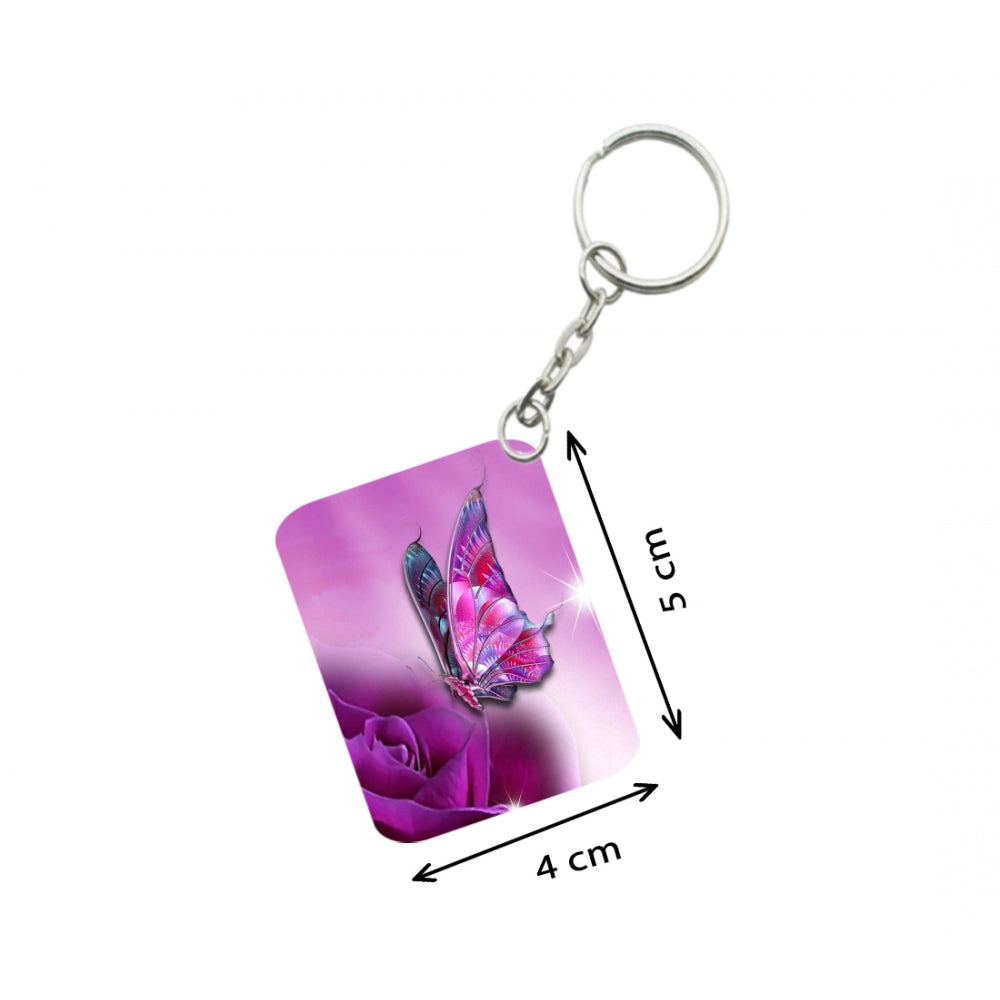 Amfyn Pack Of 3_ Pink Butterfly One Side Printed Rectangle Designer Keychain (Pink)