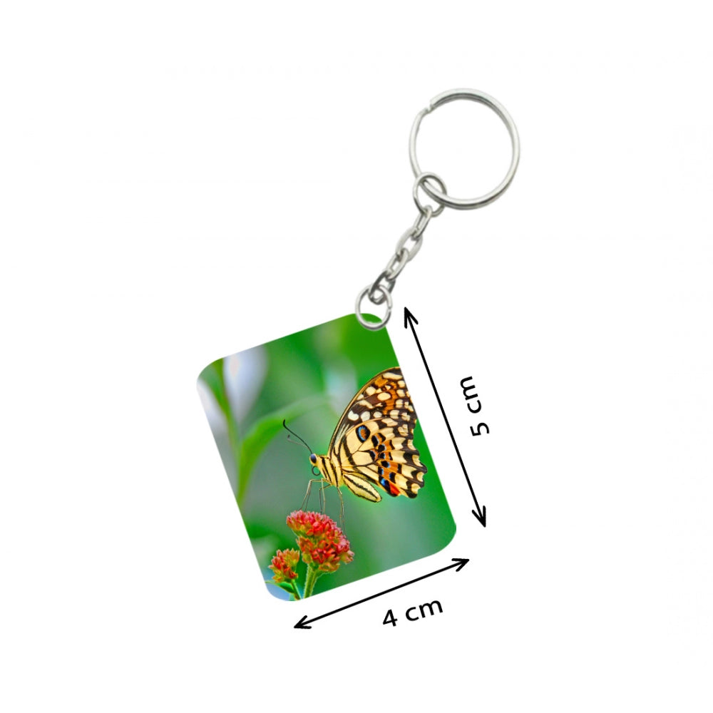 Amfyn Pack Of 3_ Red Flower With Butterfly One Side Printed Rectangle Designer Keychain (Red)