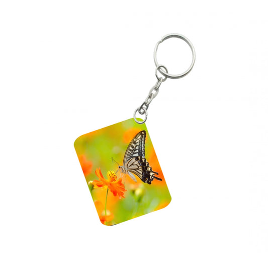 Amfyn Pack Of 3_ Orange Flower With Butterfly One Side Printed Rectangle Designer Keychain (Orange)