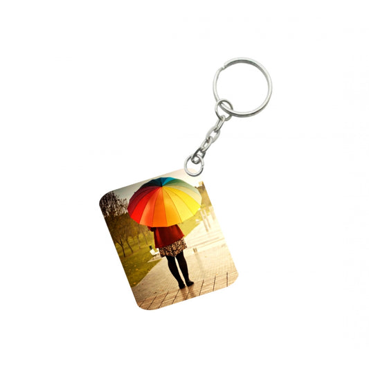 Amfyn Pack Of 3_ Girl Under Umbrella One Side Printed Rectangle Designer Keychain (Multi Color)