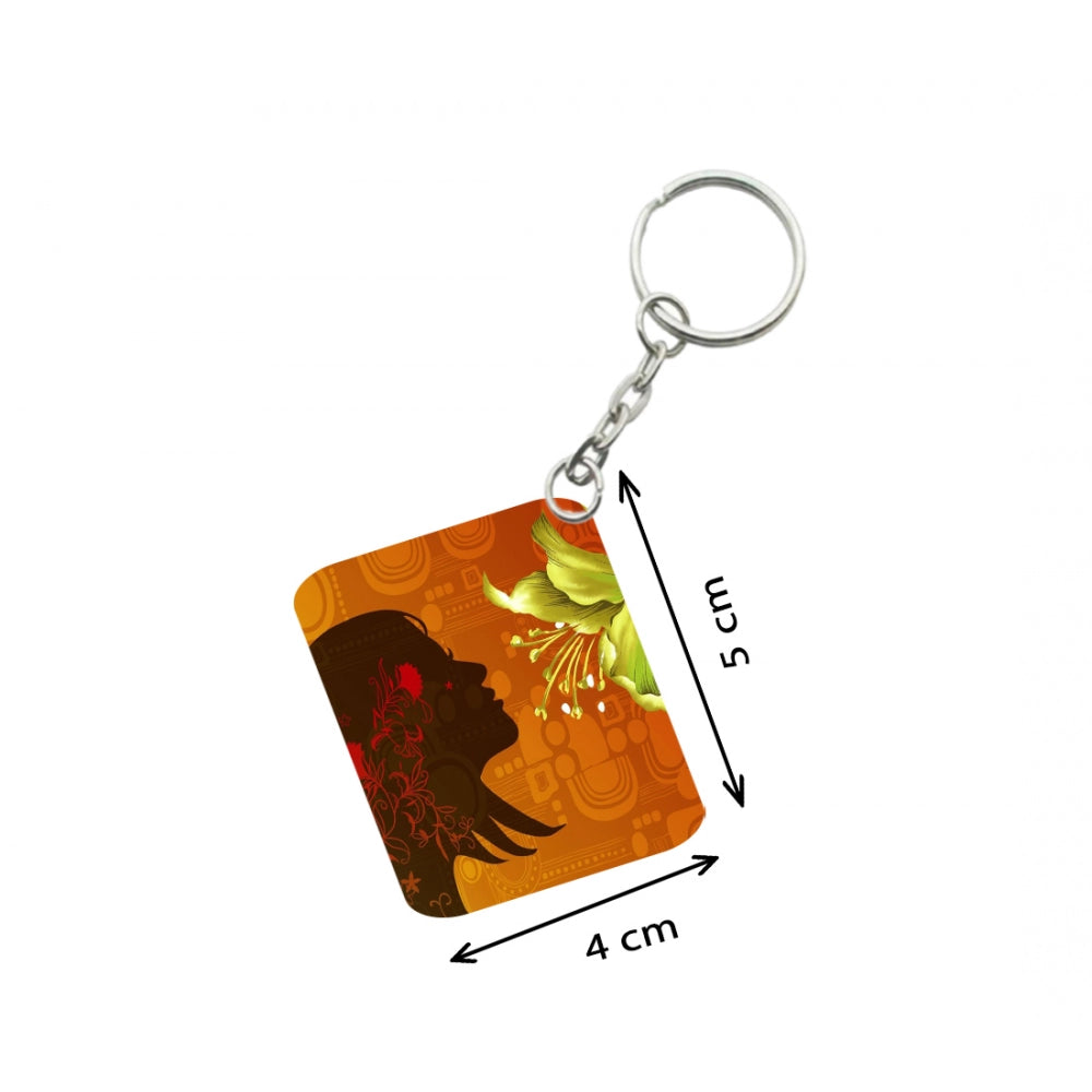 Amfyn Pack Of 3_ Woman Face Decorated With Flowers One Side Printed Rectangle Designer Keychain (Orange)