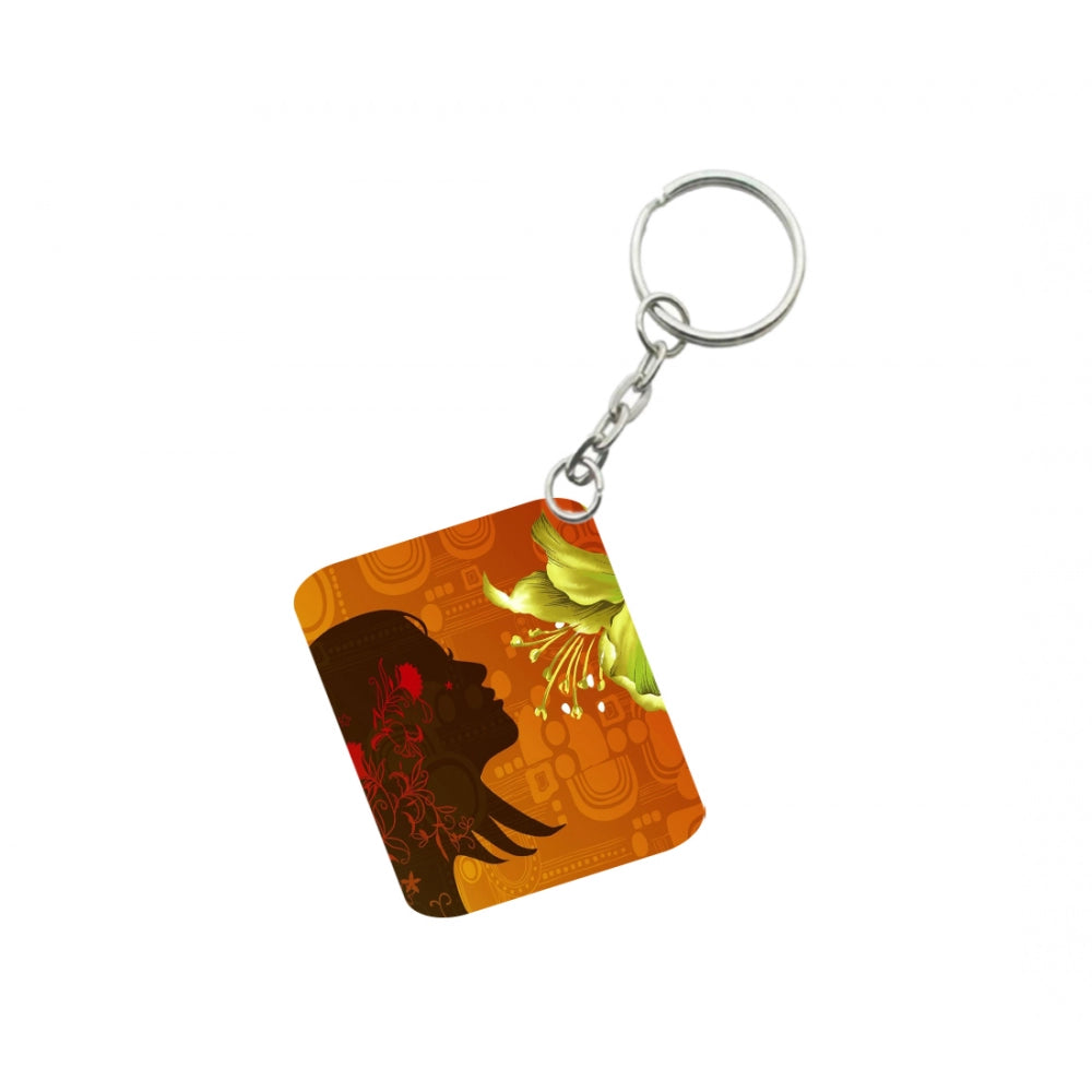 Amfyn Pack Of 3_ Woman Face Decorated With Flowers One Side Printed Rectangle Designer Keychain (Orange)