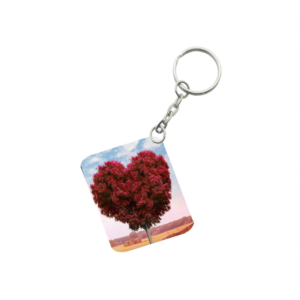 Amfyn Pack Of 3_ Red Tree Heart One Side Printed Rectangle Designer Keychain (Red)