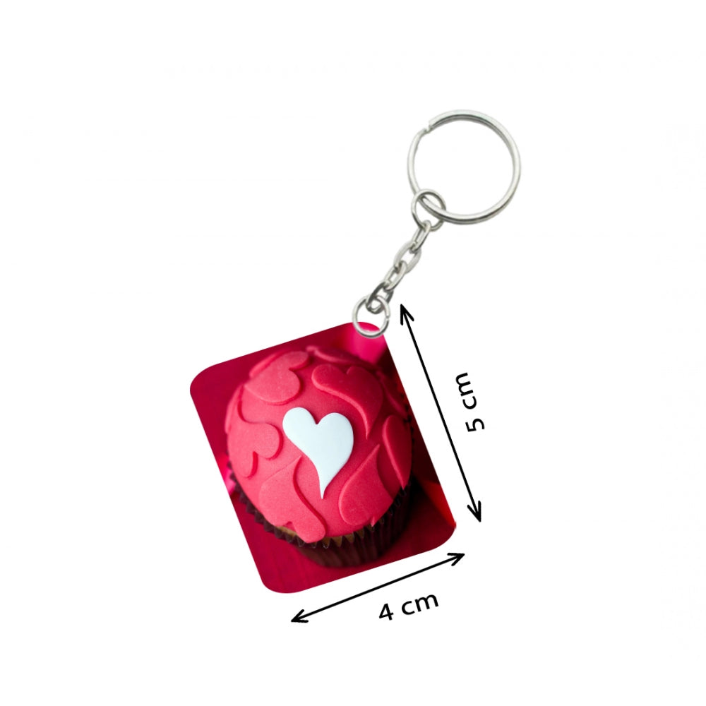 Amfyn Pack Of 3_ Cake Shape Pink Heart One Side Printed Rectangle Designer Keychain (Red)