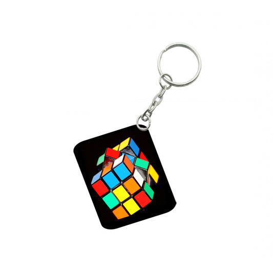 Amfyn Pack Of 3_ Rubiks Cube One Side Printed Rectangle Designer Keychain (Multi Color)