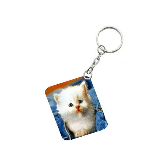 Amfyn Pack Of 3_ White Cat One Side Printed Rectangle Designer Keychain (White)