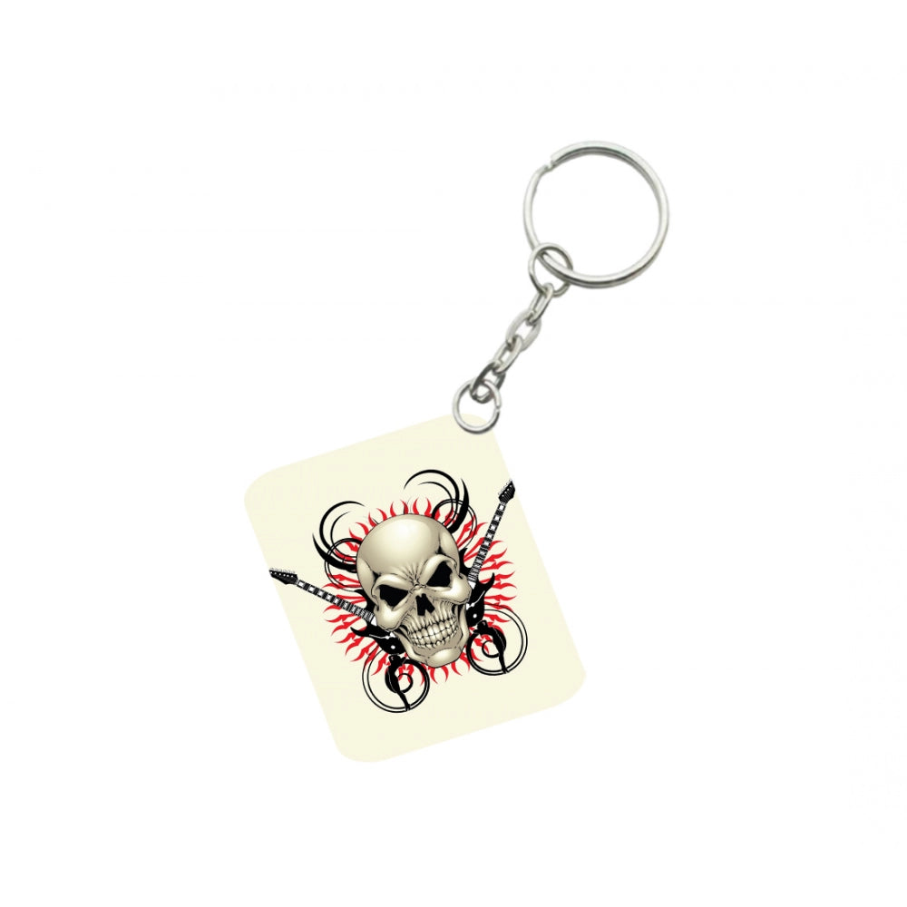 Amfyn Pack Of 3_ Skull With Music One Side Printed Rectangle Designer Keychain (White)