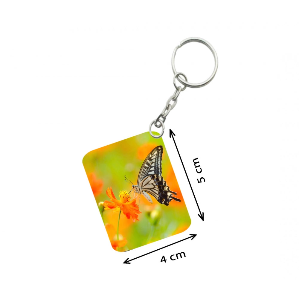 Amfyn Pack Of 3_ Orange Flower With Butterfly One Side Printed Rectangle Designer Keychain (Orange)