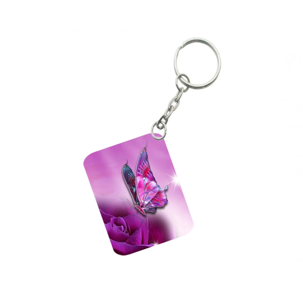 Amfyn Pack Of 3_ Pink Butterfly One Side Printed Rectangle Designer Keychain (Pink)