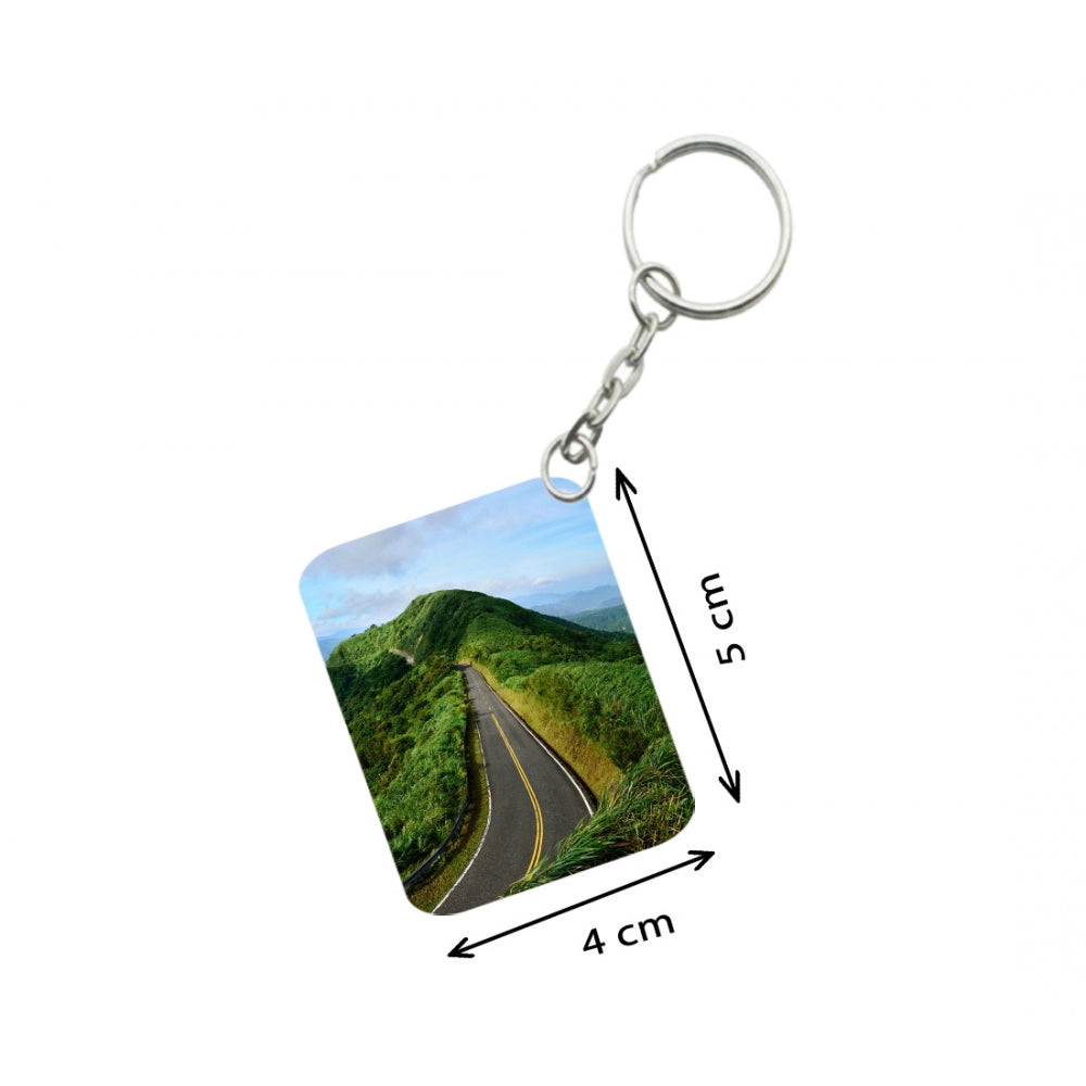 Amfyn Pack Of 3_ Landscape Mountains Road Green One Side Printed Rectangle Designer Keychain (Green)